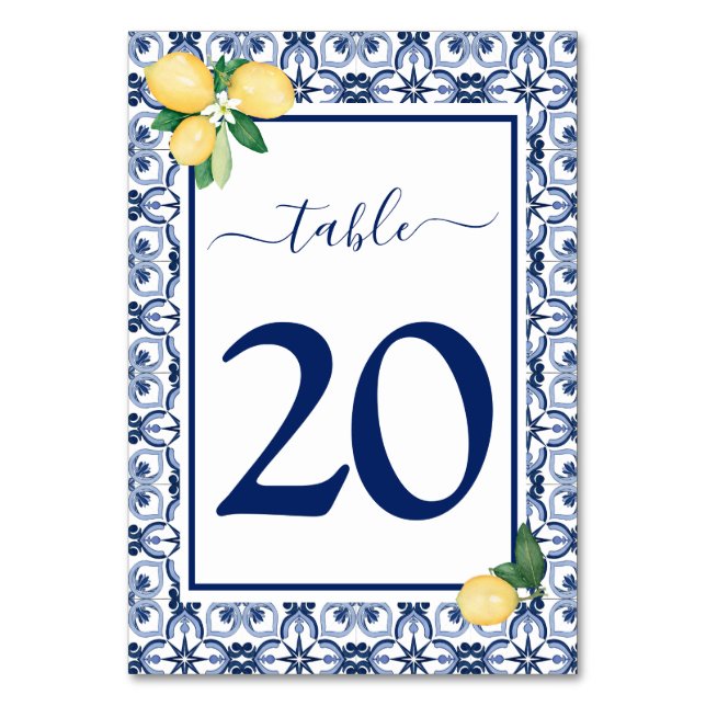Blue Mediterranean Lemons Citrus Wedding Table Number (Front)
