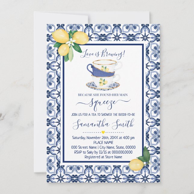 Blue Mediterranean Lemons Tea Bridal Shower Holiday Card (Front)