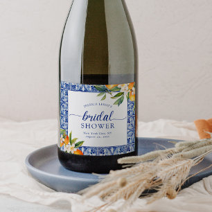 Blue Mediterranean Oranges Bridal Shower Sparkling Wine Label