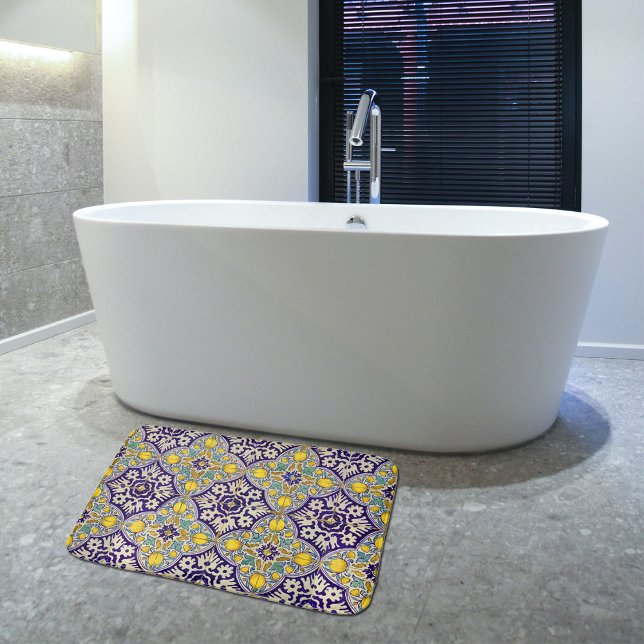Blue Mediterranean Pattern Yellow Blossoms Bath Mat (Creator Uploaded)