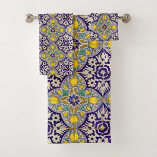 Blue Mediterranean Pattern Yellow Blossoms Bath Towel Set