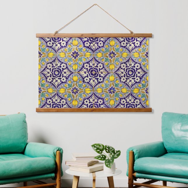 Blue Mediterranean Pattern Yellow Blossoms   Hanging Tapestry (Living Room)