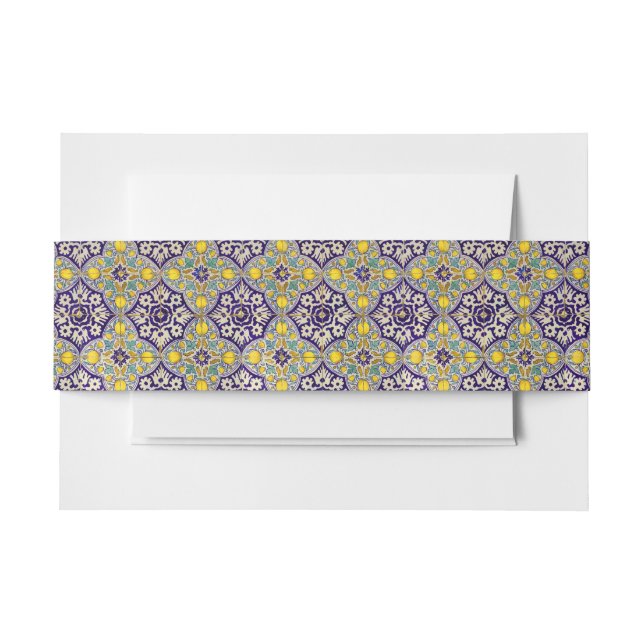 Blue Mediterranean Pattern Yellow Blossoms  Invitation Belly Band (Front Example)
