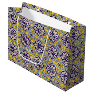 Blue Mediterranean Pattern Yellow Blossoms Large Gift Bag