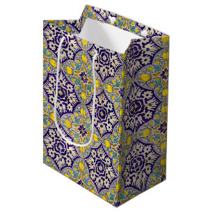 Blue Mediterranean Pattern Yellow Blossoms Medium Gift Bag