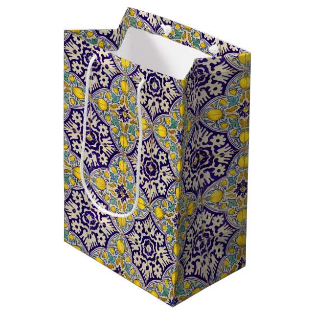 Blue Mediterranean Pattern Yellow Blossoms   Medium Gift Bag (Front Angled)