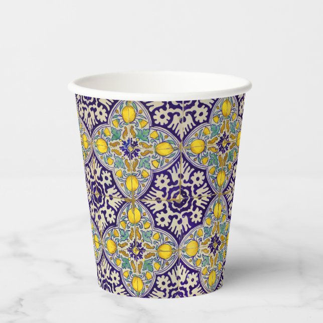 Blue Mediterranean Pattern Yellow Blossoms   Paper Cups (Front)