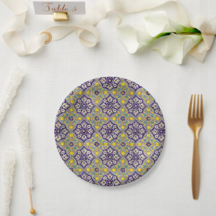 Blue Mediterranean Pattern Yellow Blossoms Paper Plate