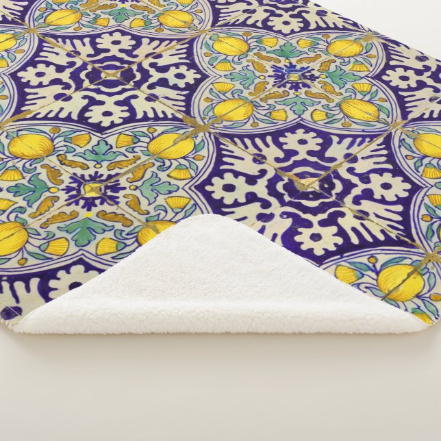Blue Mediterranean Pattern Yellow Blossoms  Sherpa Blanket (3/4)