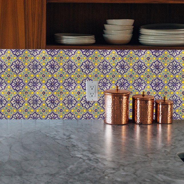 Blue Mediterranean Pattern Yellow Blossoms Tile (Creator Uploaded)