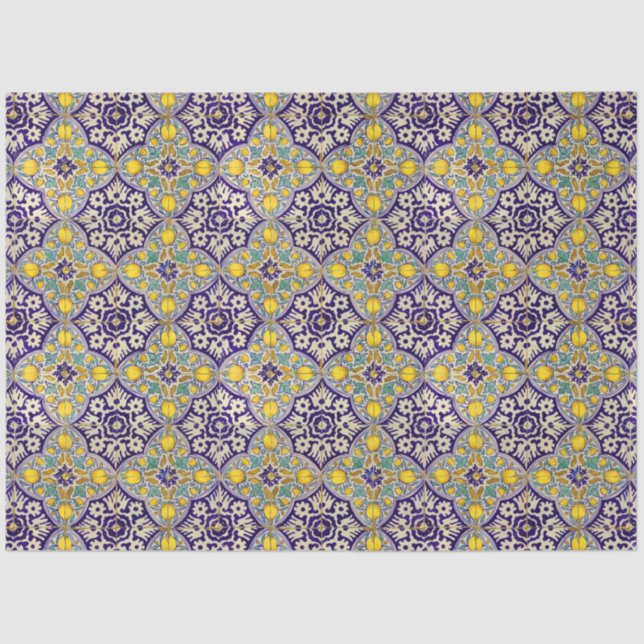 Blue Mediterranean Pattern Yellow Blossoms Tissue Paper (Front)