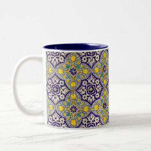 Blue Mediterranean Pattern Yellow Blossoms Two-Tone Coffee Mug