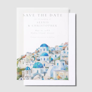 Blue Mediterranean Skyline Wedding Save the Date Vellum Invitations