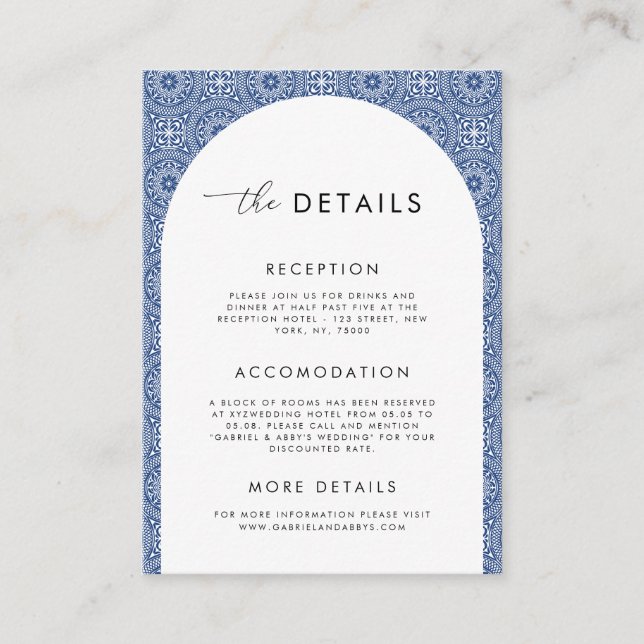 Blue Mediterranean Spanish Tile Wedding Details Enclosure Card (Front)