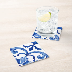 Blue Mediterranean Square Paper Coaster