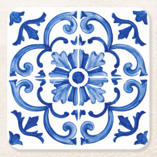 Blue Mediterranean Square Paper Coaster