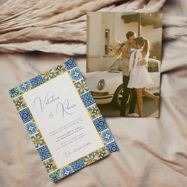 Blue Mediterranean Tile and citrus photo wedding  Invitation (Creator Uploaded)