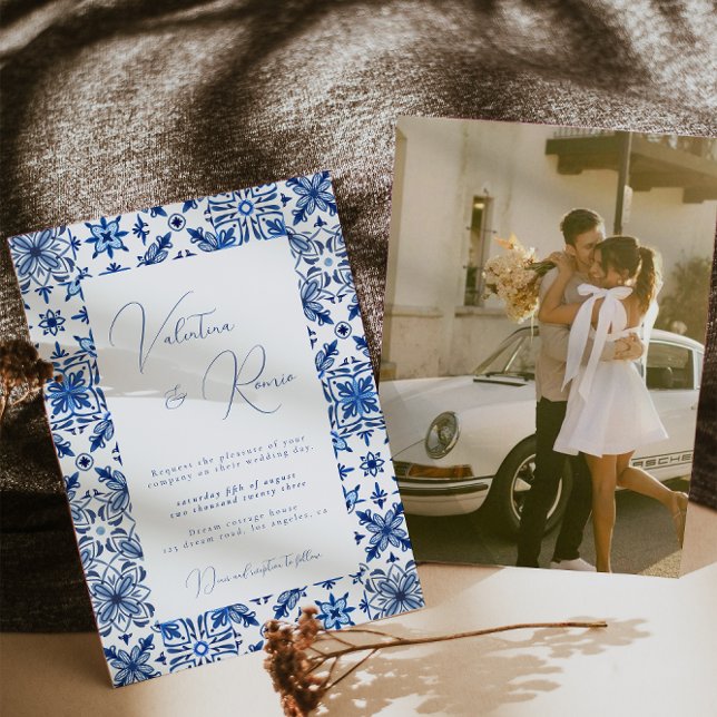 Blue Mediterranean Tile and citrus photo wedding  Invitation (Creator Uploaded)