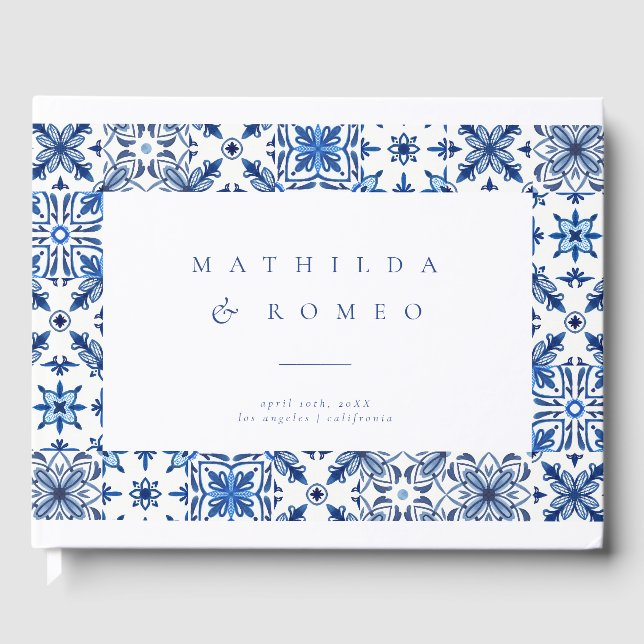 Blue Mediterranean Tile and Citrus wedding  Guest Book (Front)