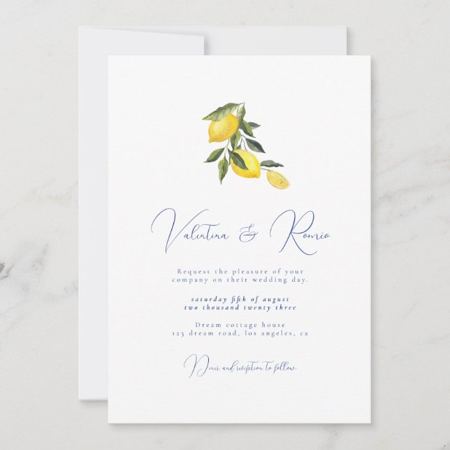 Blue Mediterranean Tile and citrus wedding  Invita Invitation (Front)