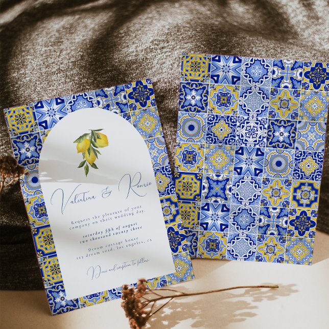 Blue Mediterranean Tile and citrus wedding  Invita Invitation (Creator Uploaded)