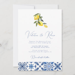 Blue Mediterranean Tile and citrus wedding photo Invitation