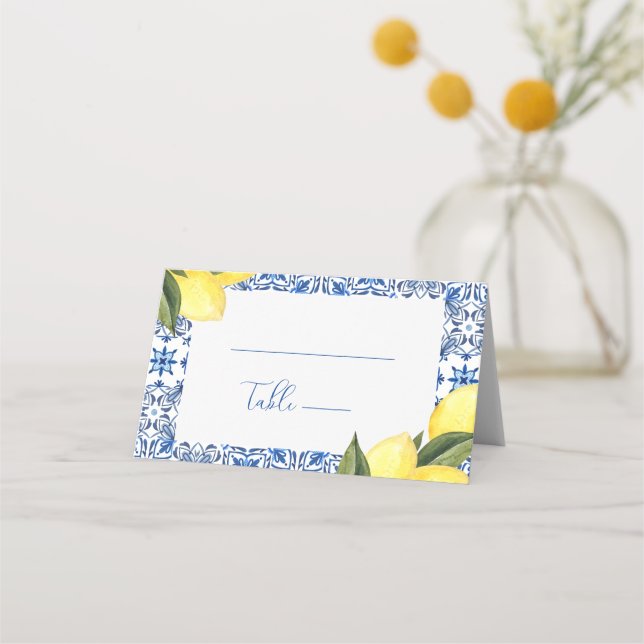 Blue Mediterranean Tile and Citrus Wedding  Place Card (Front)