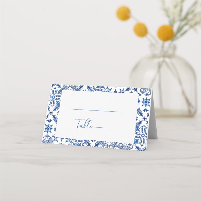 Blue Mediterranean Tile and Citrus Wedding  Place Card (Front)