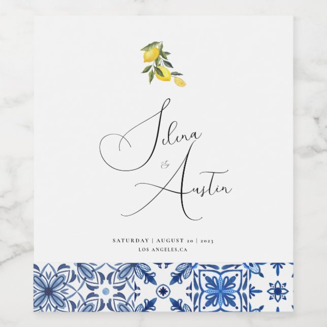 Blue Mediterranean Tile and Citrus  Wine Label (Single Label)
