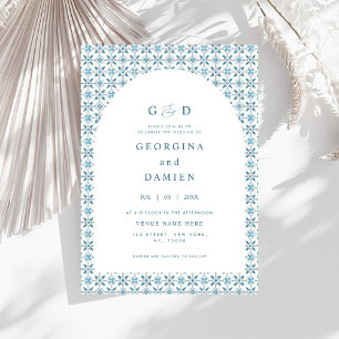 Blue Mediterranean Tile Arch Photo Elegant Wedding Invitation
