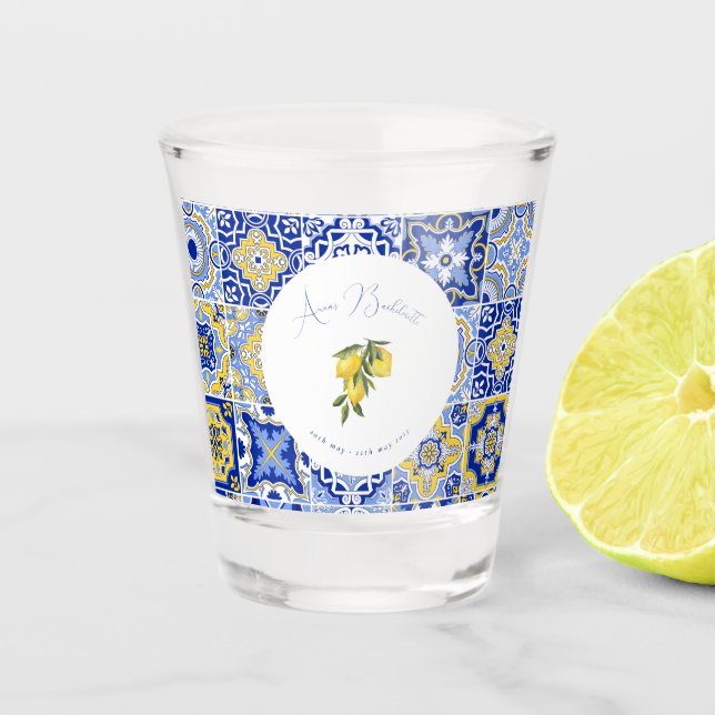 Blue Mediterranean Tile & Citrus Bachelorette Shot Glass (Front)