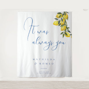 Blue Mediterranean Tile & Citrus Wedding Backdrops Tapestry