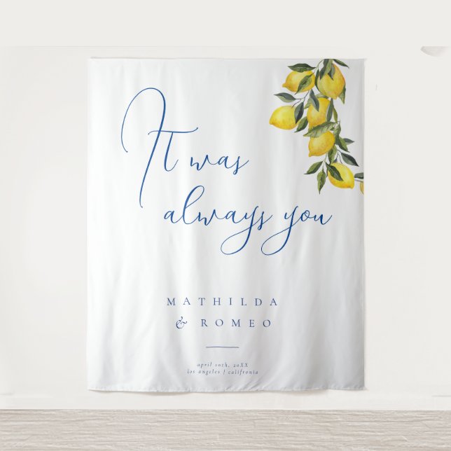 Blue Mediterranean Tile & Citrus Wedding Backdrops Tapestry (Front)