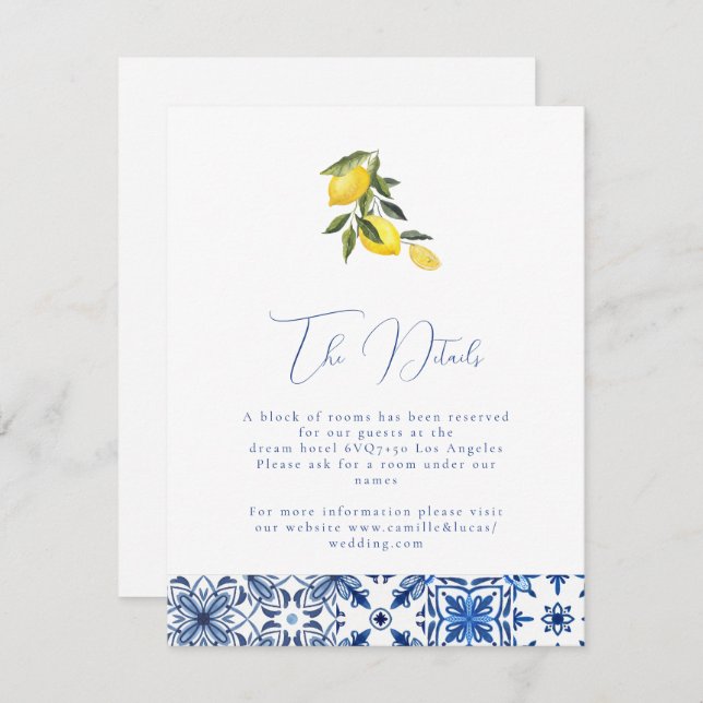 Blue mediterranean tile & citrus Wedding details  Enclosure Card (Front/Back)