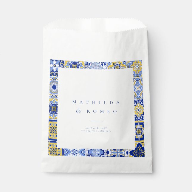 Blue Mediterranean Tile & Citrus Wedding Favour Ba Bags (Front)