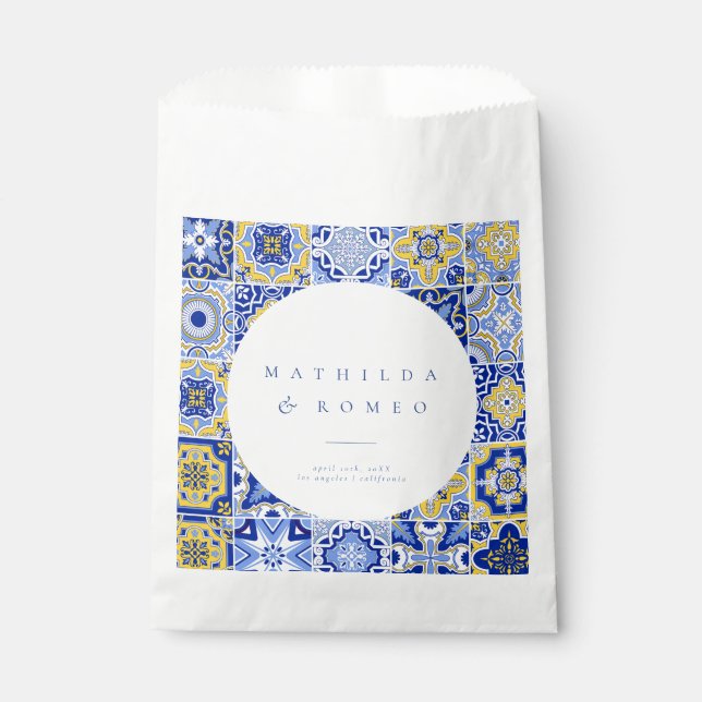 Blue Mediterranean Tile & Citrus Wedding Favour Ba Bags (Front)