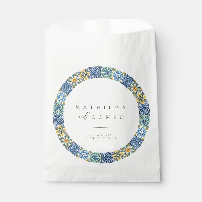 Blue Mediterranean Tile & Citrus Wedding Favour Ba Bags (Front)