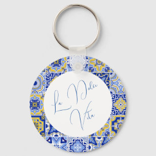 Blue Mediterranean Tile & Citrus Wedding Key Ring