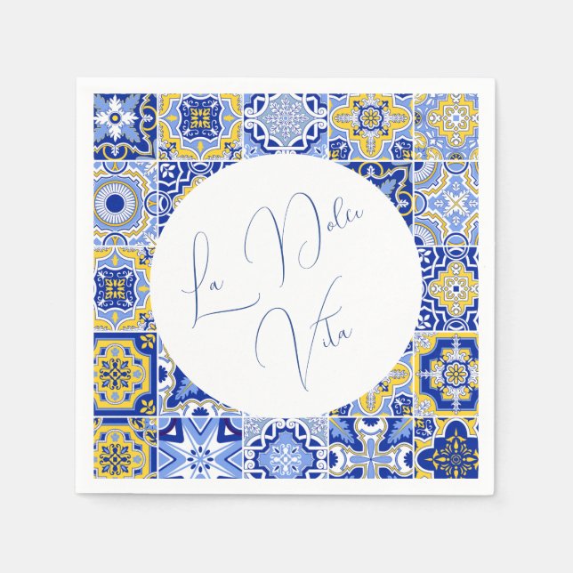 Blue Mediterranean Tile & Citrus Wedding napkins (Front)