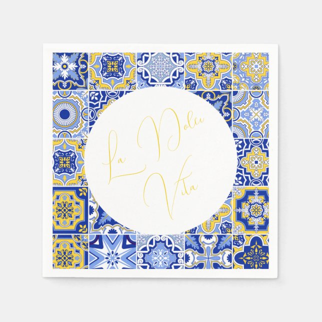 Blue Mediterranean Tile & Citrus Wedding napkins (Front)