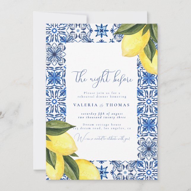 Blue Mediterranean Tile & Citrus Wedding Rehearsal Invitation (Front)