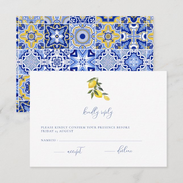 Blue Mediterranean Tile & Citrus Wedding RSVP card (Front/Back)
