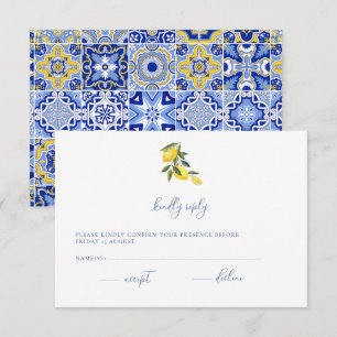 Blue Mediterranean Tile & Citrus Wedding RSVP card