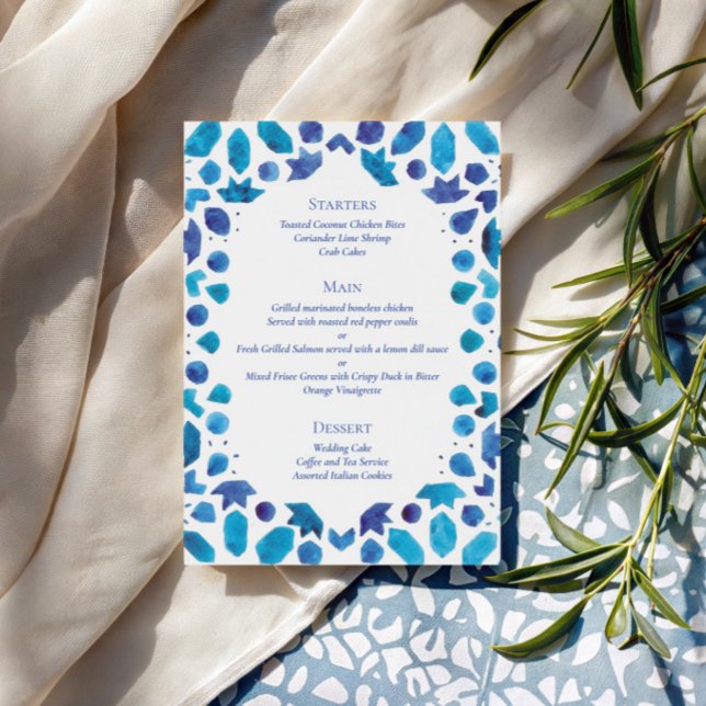 Blue Mediterranean Tile Coastal Wedding Menu (Creator Uploaded)