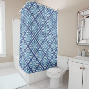 Blue Mediterranean Tile Geometric Diamond Blocks Shower Curtain