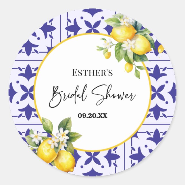 Blue Mediterranean Tile Lemon Bridal Shower  Classic Round Sticker (Front)