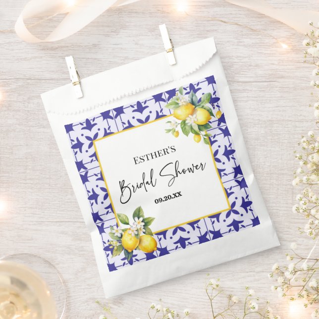 Blue Mediterranean Tile Lemon Bridal Shower  Favour Bags (Clipped)