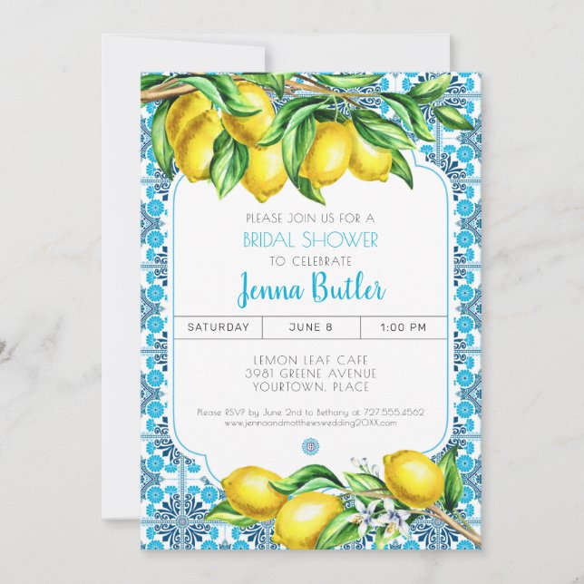 Blue Mediterranean Tile Lemon Bridal Shower Invitation (Front)