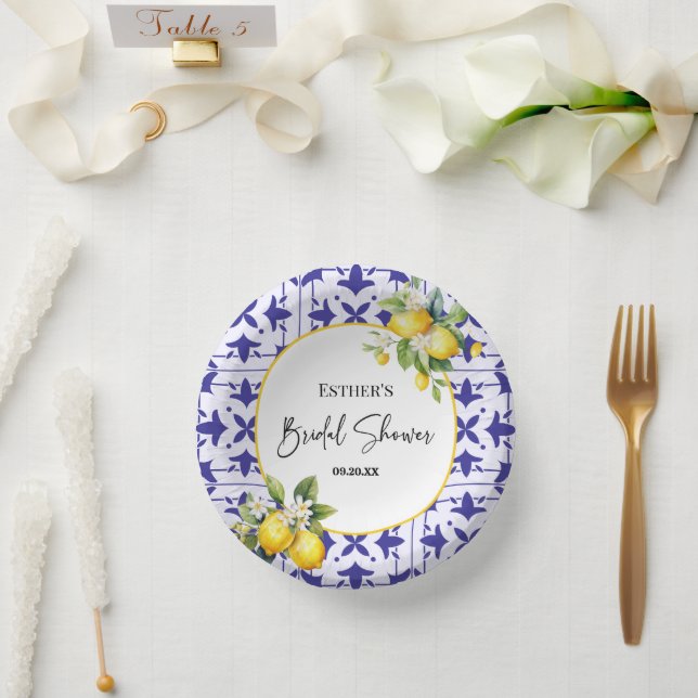 Blue Mediterranean Tile Lemon Bridal Shower  Paper Plate (Wedding)