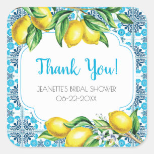 Blue Mediterranean Tile Lemon Bridal Thank You Square Sticker